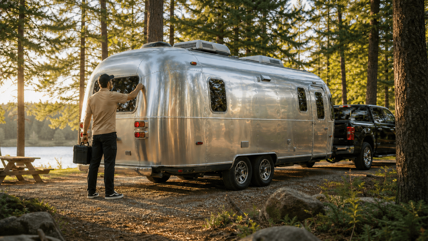 Wander mobile service truck with organized tools near a motorhome