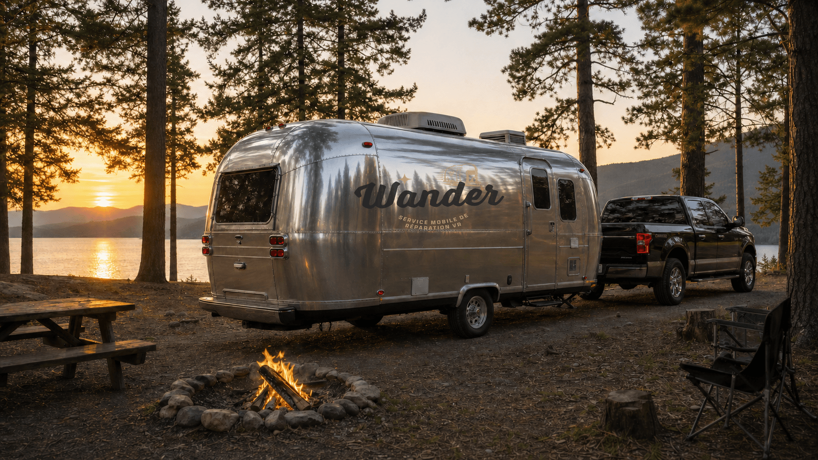 Wander Airstream parked near a campfire