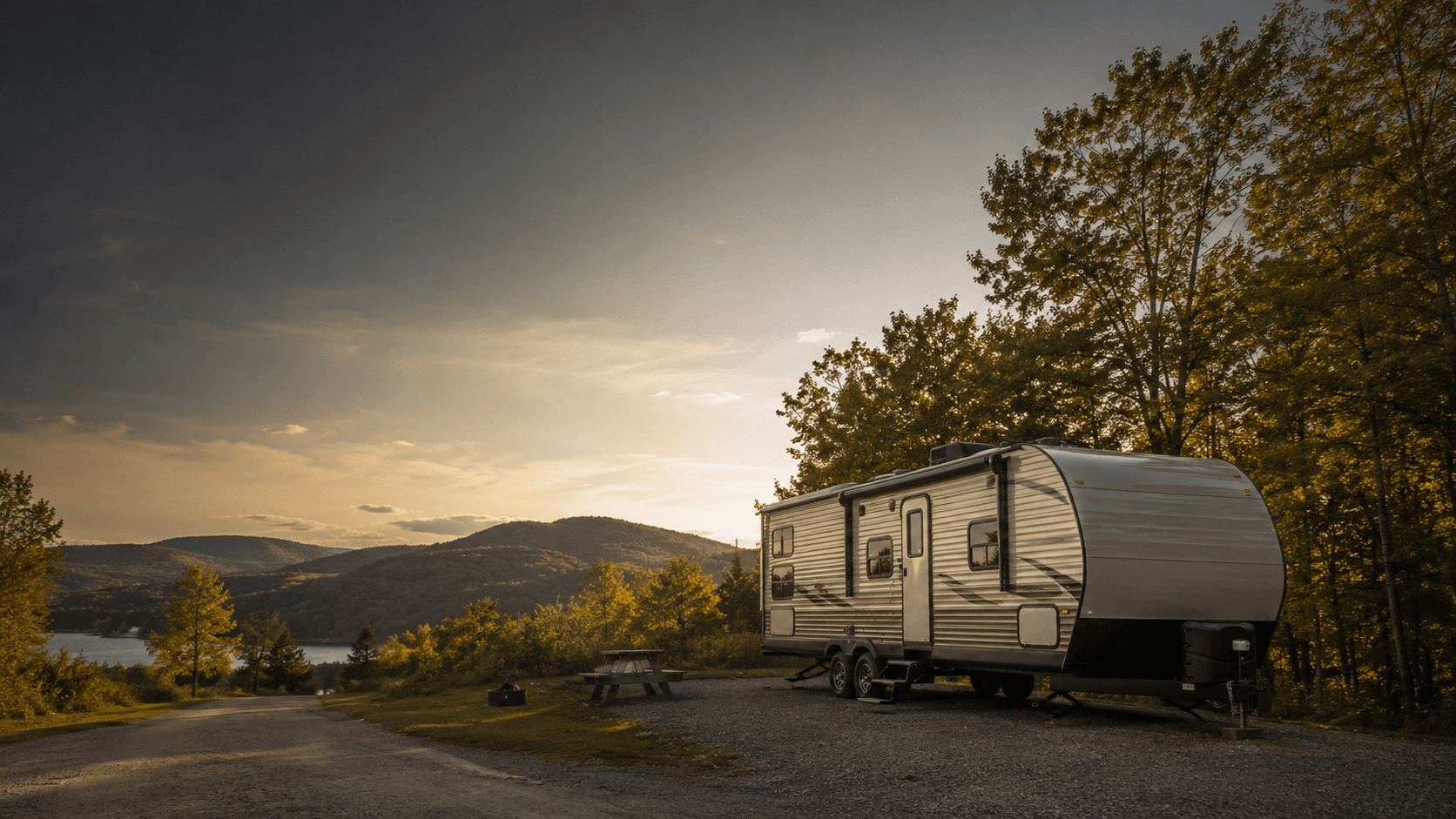 Travel trailer at a campground with wooded hills and a lake at sunset in the Eastern Townships