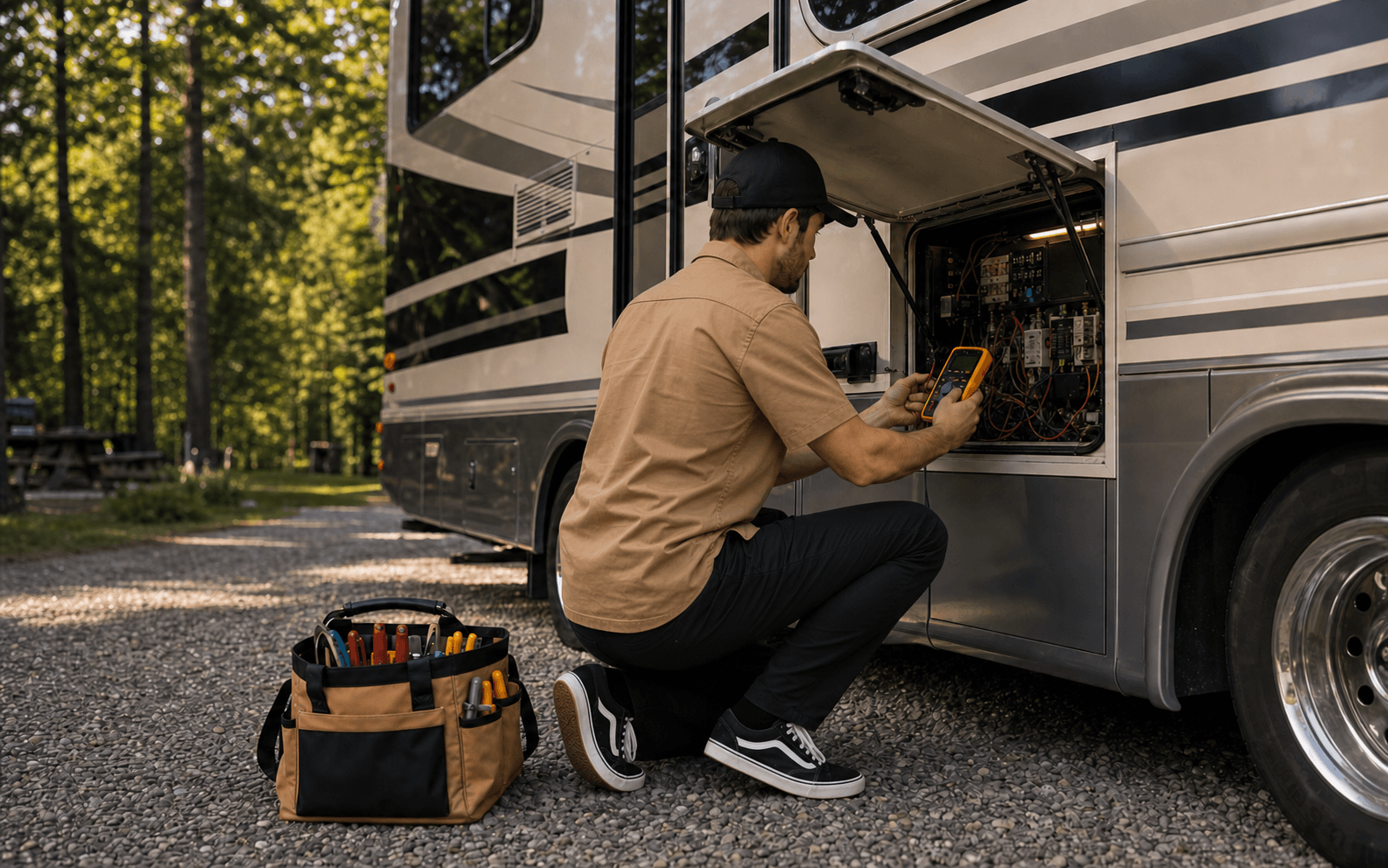 Mobile technician diagnosing an RV electrical system