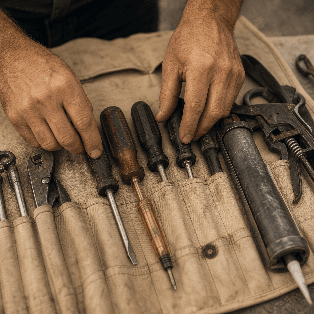RV technician tools carefully organized on a canvas roll