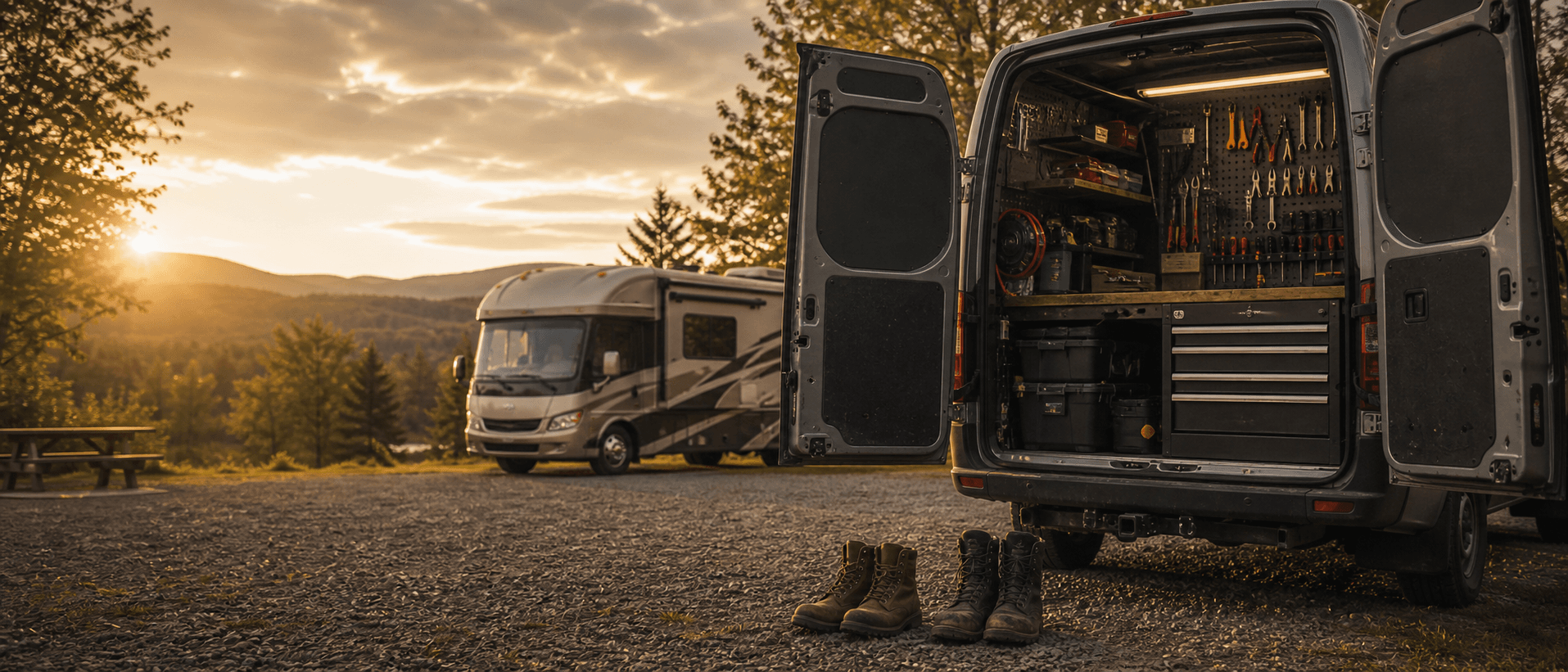 Wander mobile service truck with organized tools near a motorhome