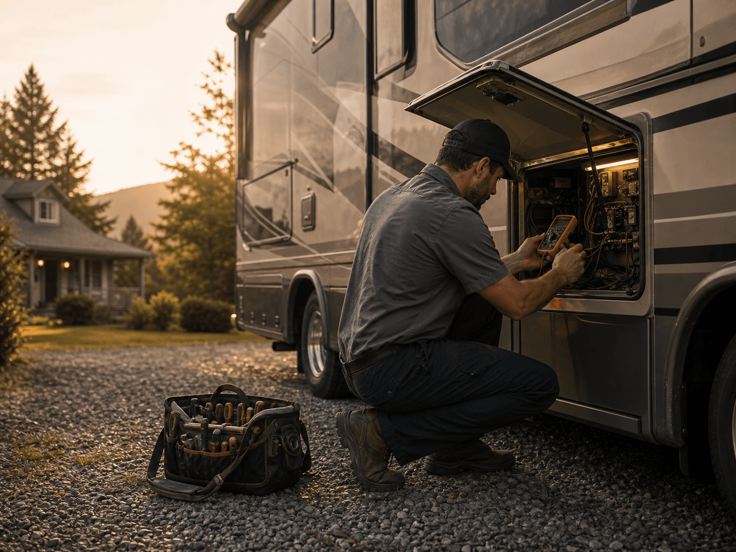 Mobile technician diagnosing an RV electrical system